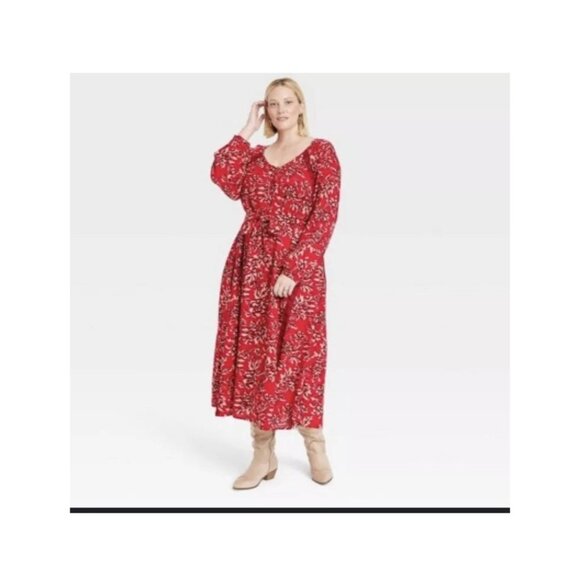 Knox Rose Size XL Red Floral Peasant Prairie Boho Maxi Dress V-Neck Belted - Picture 2 of 13